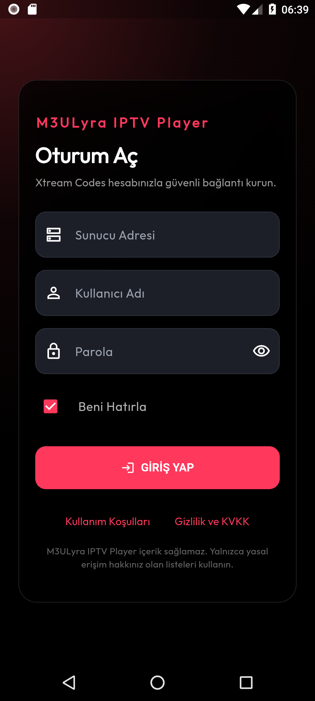 M3ULyra güvenli giriş ekranı