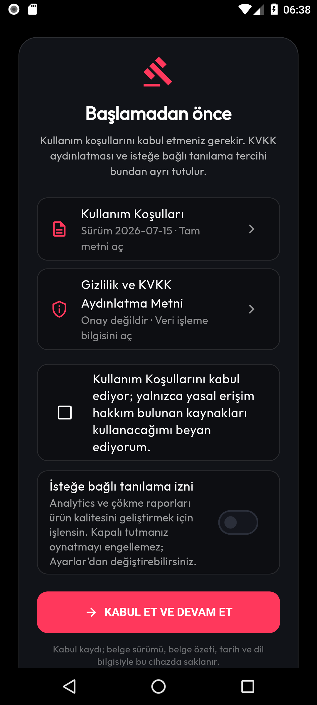 M3ULyra gizlilik ve kullanım onayı ekranı